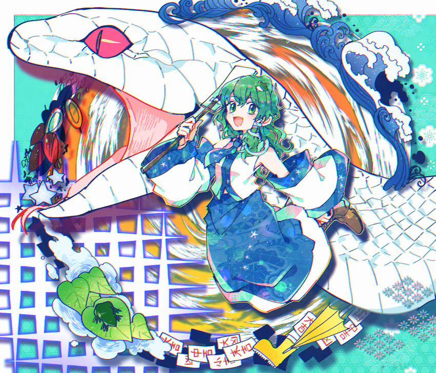 1girl, :d, bare_shoulders, blue_necktie, blue_skirt, boots, detached_sleeves, frog
