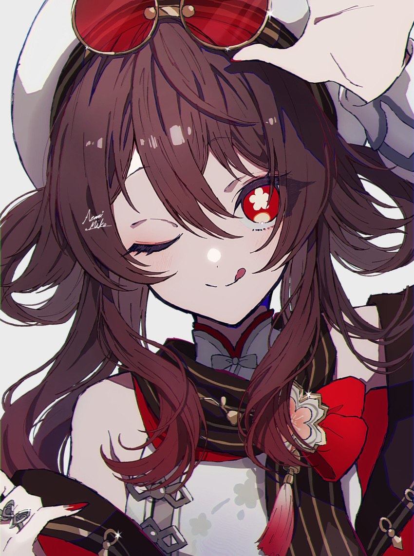 1girl, :q, azami_miko, brown_hair, brown_scarf, chinese_clothes, eyewear_on_head, flower-shaped_pupils