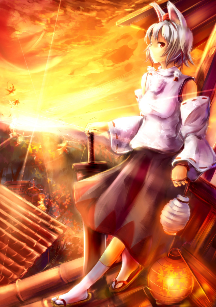 absurdres, autumn, highres, inubashiri_momiji, lantern, rooftop, sakura_ani, sandals
