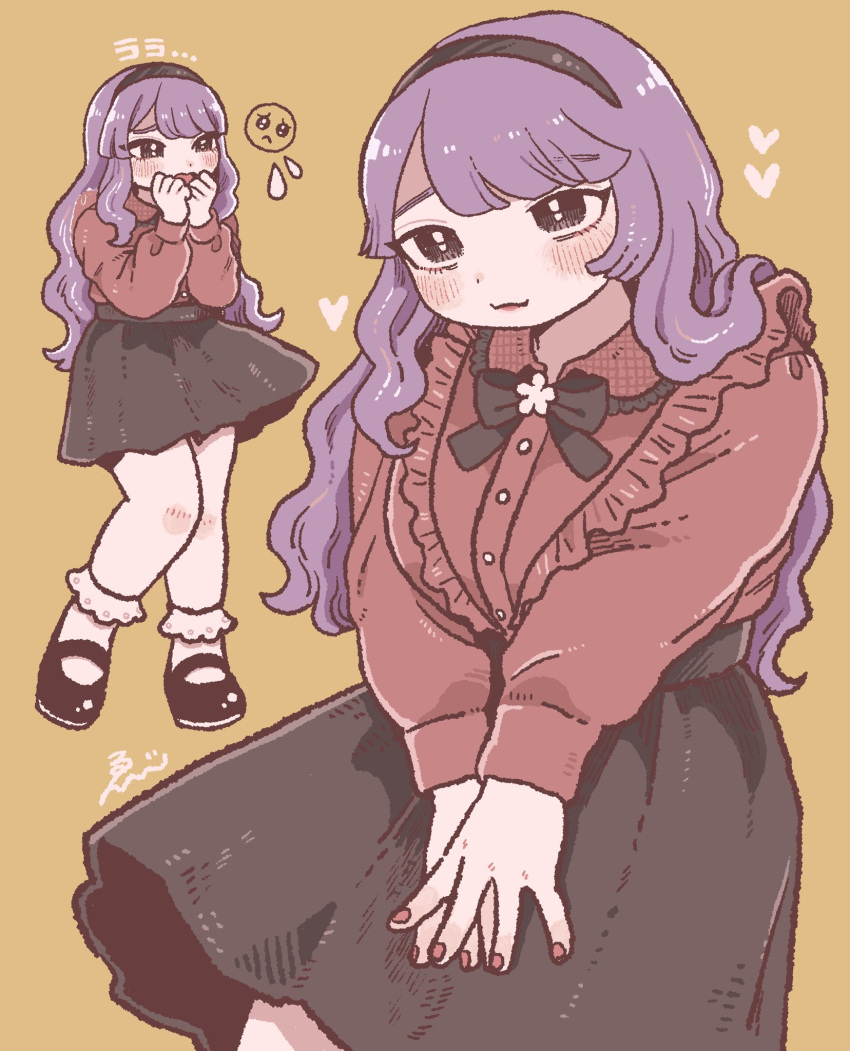 1girl, bare_legs, black_bow, black_eyes, black_hairband, black_shoes, black_skirt, blush