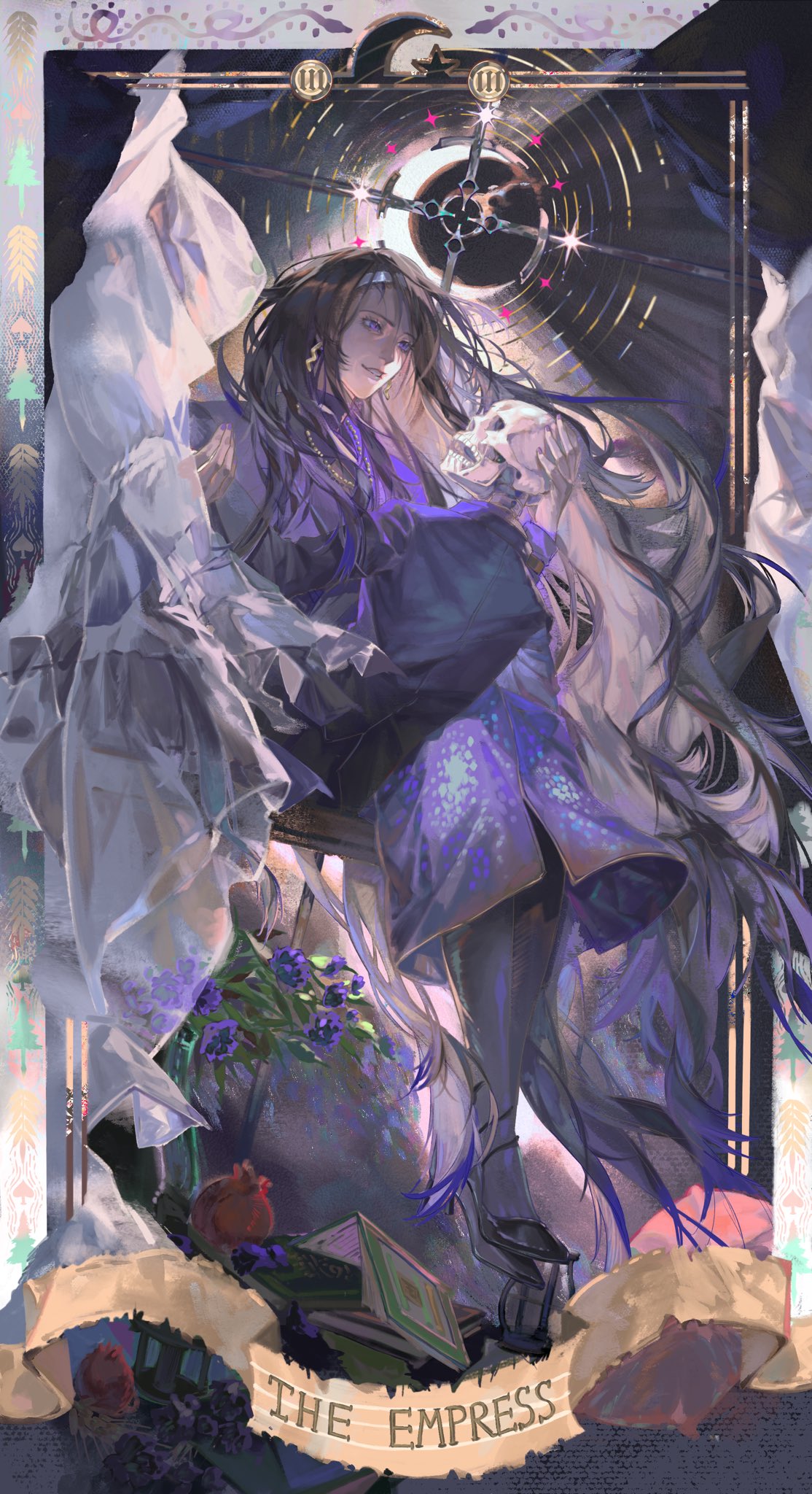 1girl, black_hair, book, coat, earrings, eclipse, flower, hairband