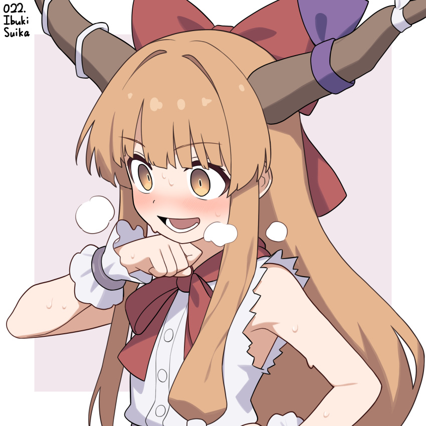 1girl, absurdres, blush, bow, breath, brown_horns, character_name, commentary, cuffs, english_text, hair_bow, highres, horn_ornament, horn_ribbon, horns, ibuki_suika, long_hair, oni, open_mouth, orange_eyes, orange_hair, red_bow, ribbon, smile, snackdang, solo, sweat, torn_clothes, torn_sleeves, touhou, very_long_hair, wrist_cuffs