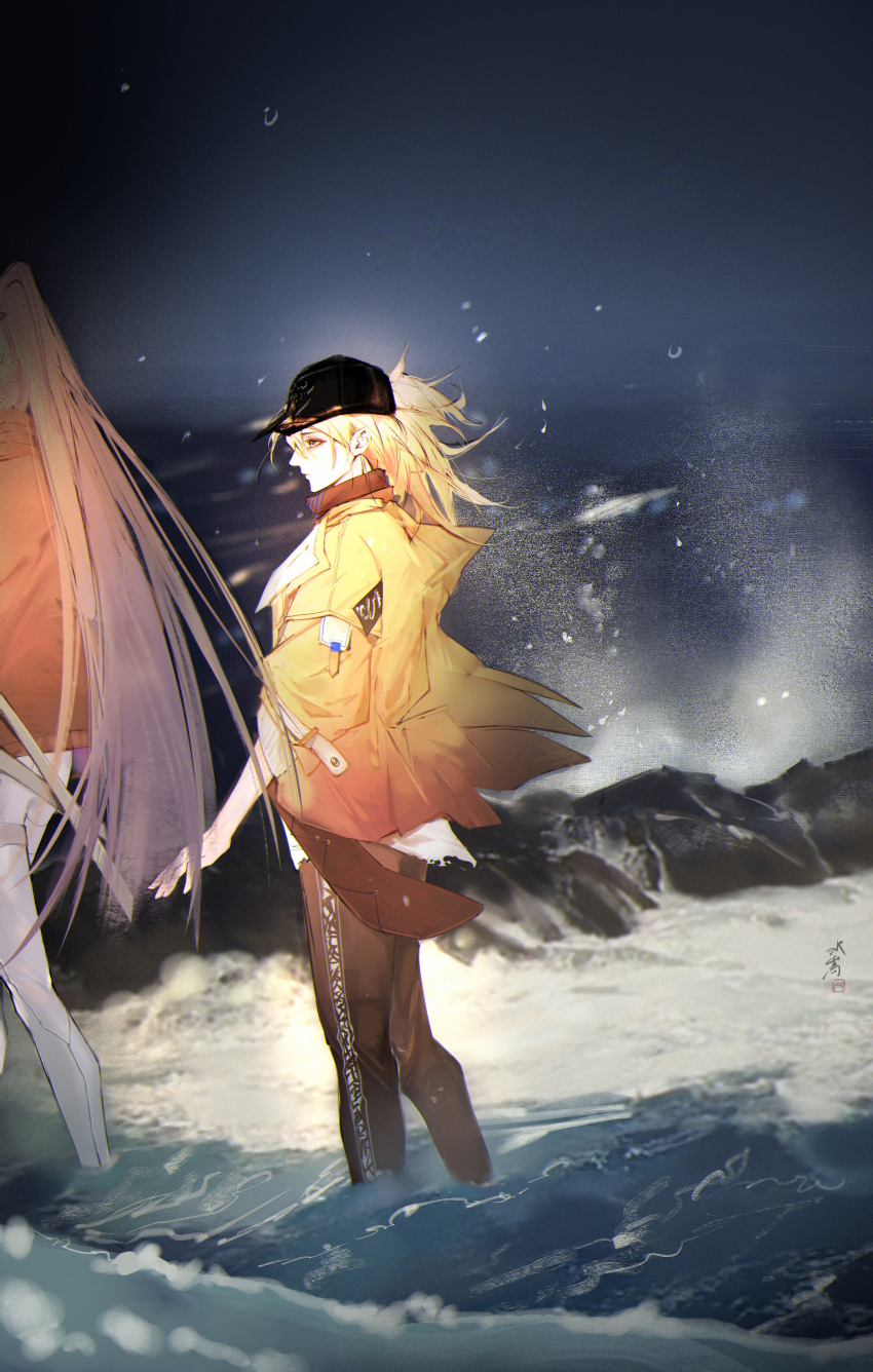 1boy, 1girl, absurdres, androgynous, bai_yi_(path_to_nowhere), baseball_cap, black_hat, blonde_hair