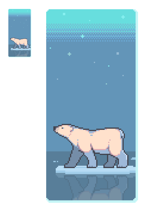 animal, animal_focus, bear, from_side, ice, no_humans, omunikin, original, pixel_art, polar_bear, reflection, reflective_water, sky, star_(sky), starry_sky, water, white_background