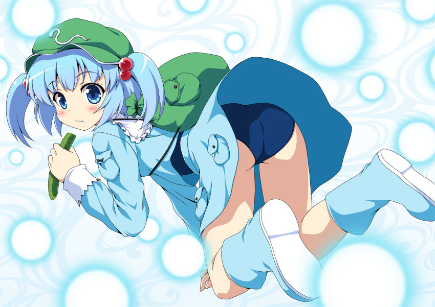 :t, all_fours, ass, backpack, bag, blue_dress, blue_eyes, blue_hair