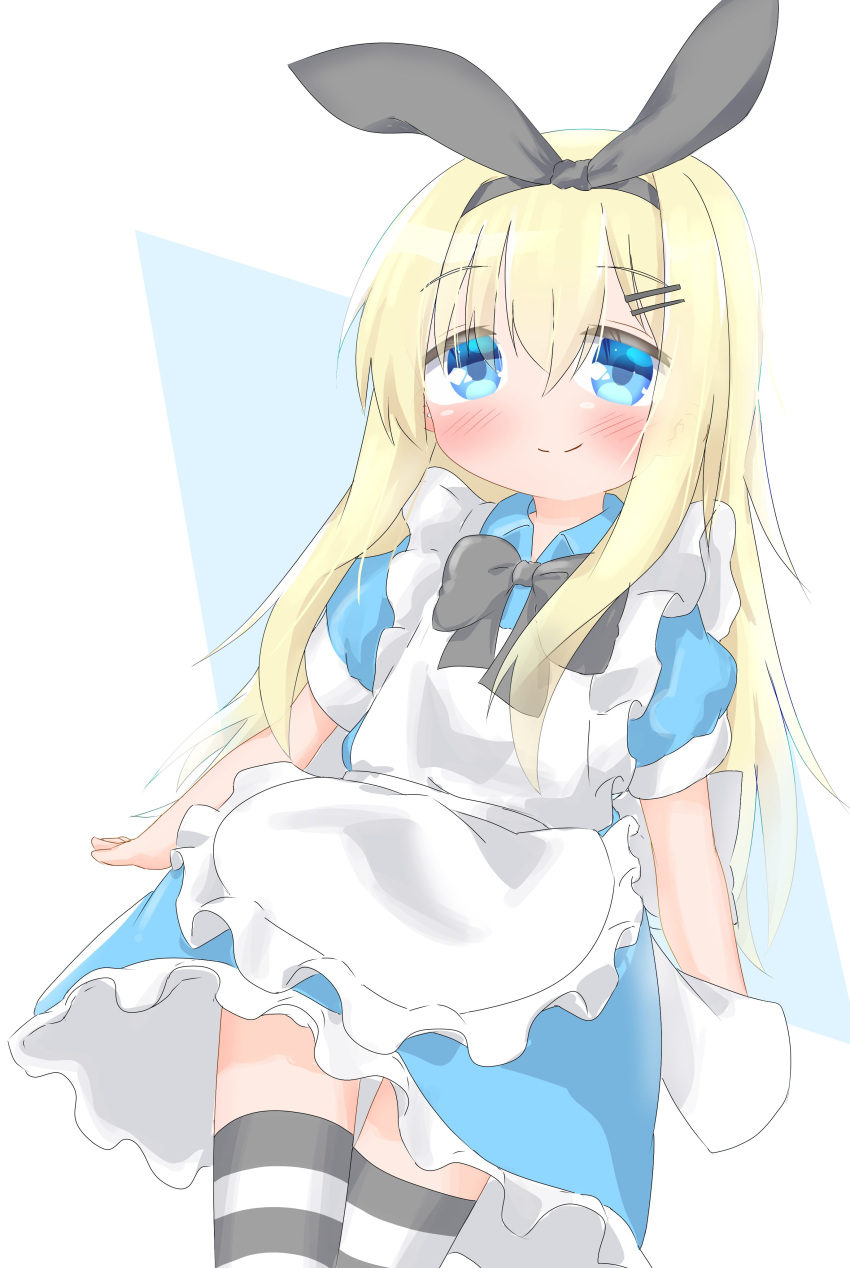 1girl, 1n4b4, absurdres, alice_(alice_in_wonderland), alice_(alice_in_wonderland)_(cosplay), alternate_costume, apron, black_bow, black_hairband, blonde_hair, blue_dress, blue_eyes, blush, bow, bowtie, breasts, closed_mouth, cosplay, cowboy_shot, dress, enmaided, eyebrows_hidden_by_hair, frilled_dress, frills, hair_ornament, hairband, hairclip, highres, long_hair, looking_at_viewer, maid, original, puffy_sleeves, short_sleeves, sidelocks, simple_background, small_breasts, smile, solo, standing, striped_clothes, striped_thighhighs, thigh-highs, vertical-striped_clothes, vertical-striped_thighhighs, very_long_hair, white_apron, zettai_ryouiki