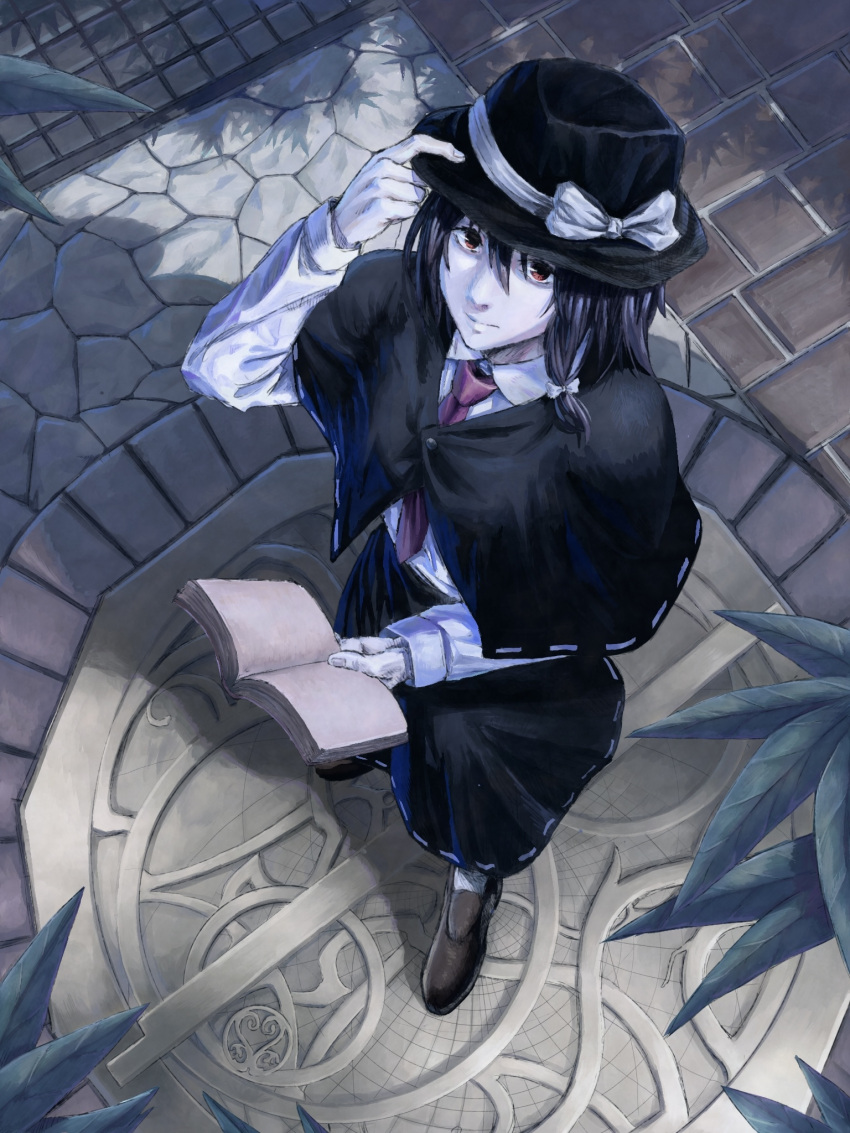 1girl, bababa, black_capelet, black_hat, black_skirt, book, bow, brown_eyes