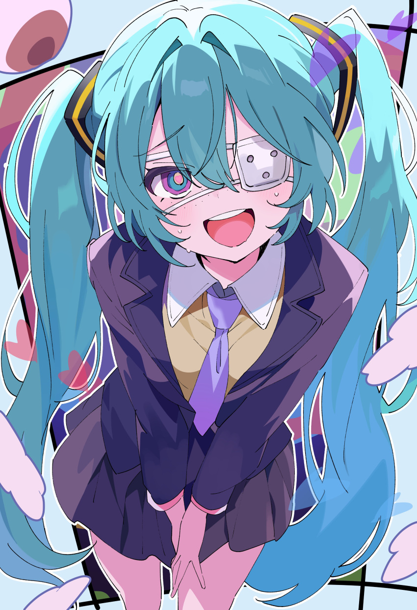 1girl, absurdres, aqua_hair, blue_eyes, collared_shirt, eyepatch, hair_between_eyes, hatsune_miku, highres, hutaba_haru, long_hair, medical_eyepatch, monitoring_(vocaloid), necktie, open_mouth, shirt, solo, twintails, very_long_hair, vocaloid