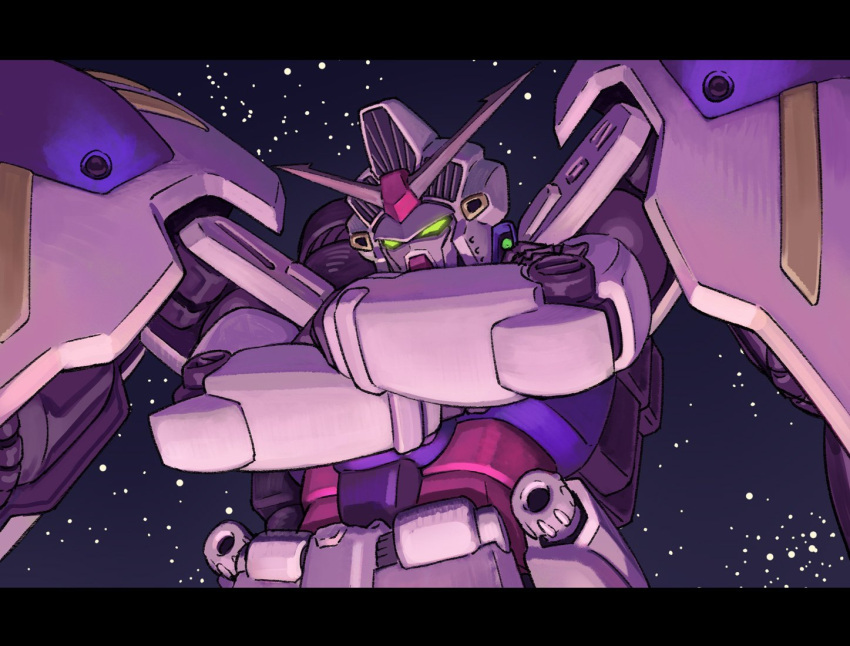 commentary_request, crossed_arms, green_eyes, gundam, letterboxed, mecha, mecha_focus, mecha_request