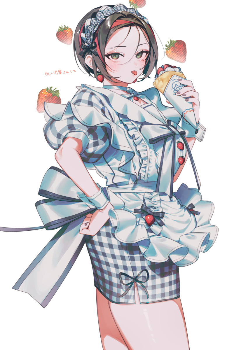 1girl, absurdres, apron, black_hair, black_ribbon, choker, cowboy_shot, crepe
