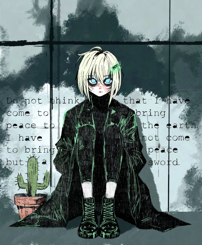 1girl, bags_under_eyes, bible_verse, black_boots, black_coat, black_pants, blue_eyes, boots, buttons, cactus, canvas_texture, clouds, cloudy_sky, coat, colored_lineart, commentary, concrete, cross-laced_boots, english_commentary, english_text, faux_traditional_media, full_body, glass_wall, hair_ornament, hairclip, hands_in_pockets, highres, impasto, knees_up, lace-up_boots, light_frown, looking_at_viewer, marie_(peripeteia), no_pupils, on_floor, open_clothes, open_coat, outdoors, painterly, pants, peripeteia, plant, potted_plant, reflective_surface, reflective_wall, short_hair, sitting, sky, solo, straight-on, stuffbecauseidk, trench_coat, triangle_button, window