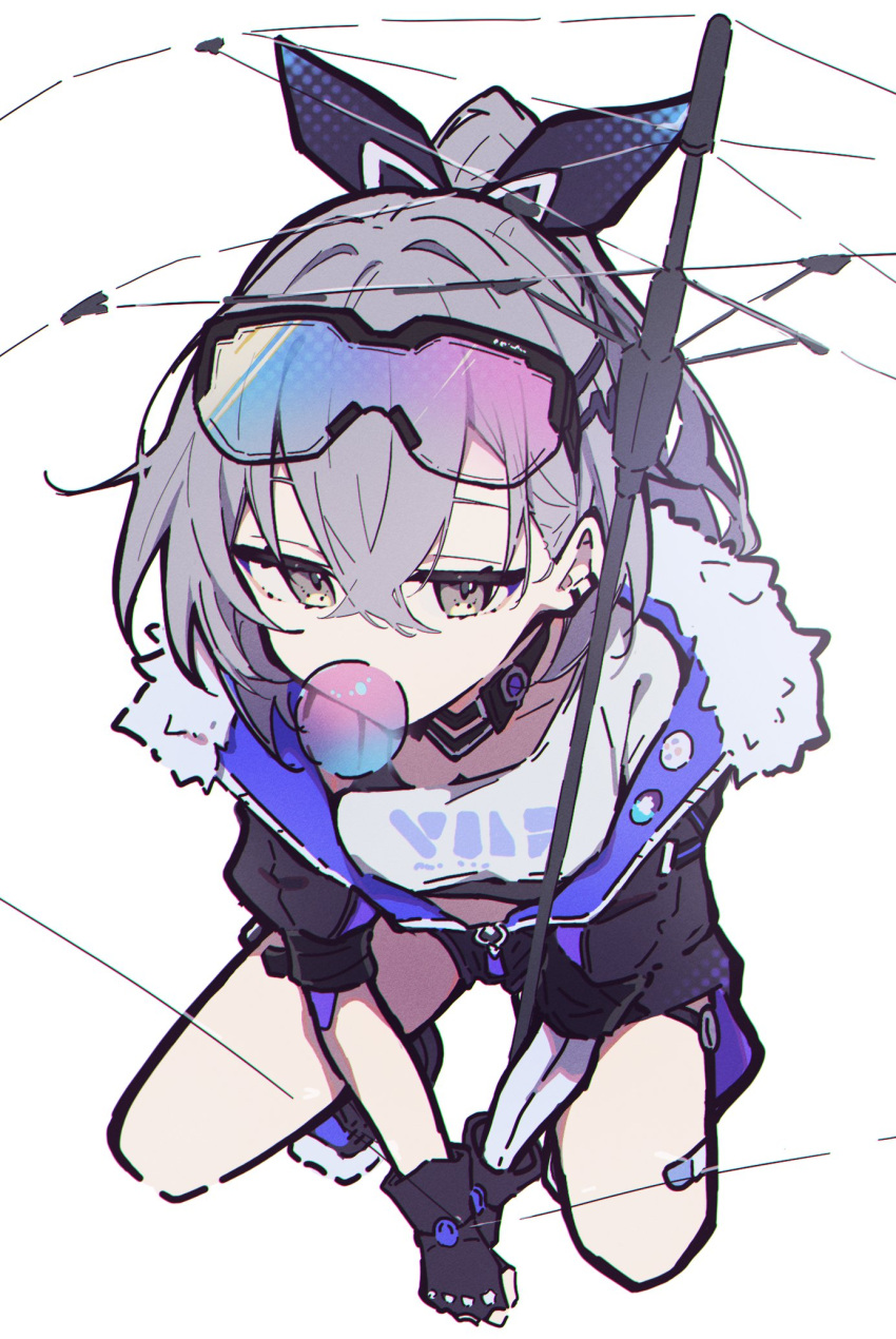 1girl, aitekku, bandaid_on_thigh, black-framed_eyewear, black_bow, black_choker, black_gloves, black_jacket, black_shorts, blowing_bubbles, blue-tinted_eyewear, bow, chewing_gum, choker, clothes_writing, crossed_bangs, drill_hair, drill_ponytail, ear_piercing, eyebrows_hidden_by_hair, eyewear_on_head, fingerless_gloves, fur-trimmed_jacket, fur_trim, gloves, gradient-tinted_eyewear, grey_eyes, grey_hair, hair_between_eyes, hair_bow, highres, holding, holding_umbrella, honkai:_star_rail, honkai_(series), jacket, looking_at_viewer, over-rim_eyewear, partially_open_jacket, partially_unzipped, piercing, pink-tinted_eyewear, semi-rimless_eyewear, shirt, shorts, silver_wolf_(honkai:_star_rail), single-shoulder_shirt, single_drill, solo, squatting, tinted_eyewear, transparent, transparent_umbrella, umbrella, white_shirt