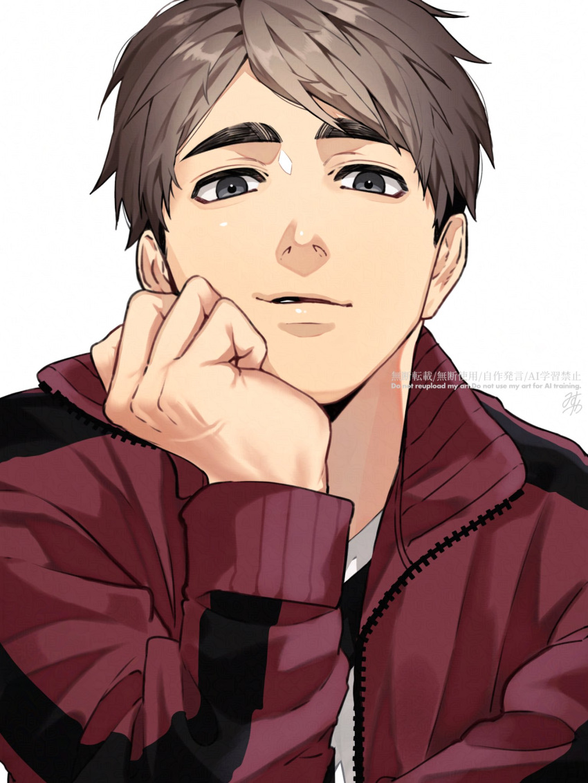 1boy, collared_jacket, commentary_request, grey_eyes, grey_hair, haikyuu!!, head_rest, highres