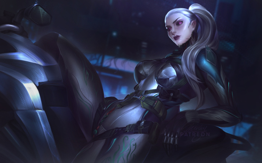 1girl, black_sclera, bodysuit, colored_sclera, eleanor_nightingale_(warframe), hair_over_shoulder, hair_slicked_back, highres, looking_up, ponytail, reclining, sleinyeswownc, solo, violet_eyes, warframe