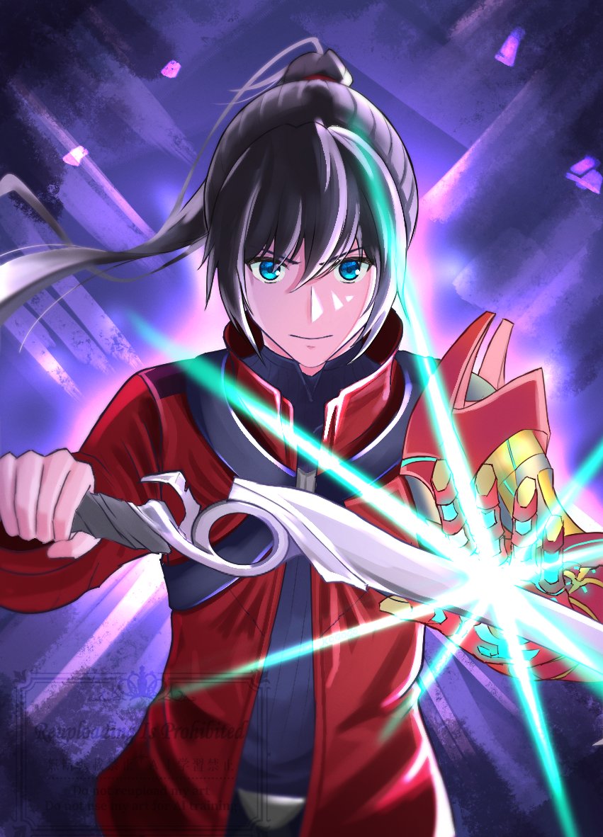 1boy, black_hair, blue_eyes, closed_mouth, hair_between_eyes, high_ponytail, holding, holding_sword