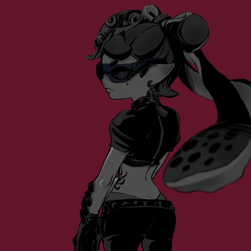 arm_at_side, belt, black_gloves, black_hair, black_shirt, black_shorts, bow, bow-shaped_hair, callie_(octo_idol_outfit)_(splatoon), callie_(splatoon), collar, cowlick, crop_top, earrings, eye_mask, eyelashes, eyes_visible_through_eyewear, fish_(food), food, food_on_head, from_behind, gloves, gradient_hair, greyscale_with_colored_background, hat, holding_own_arm, hypnoshades_(splatoon), jewelry, kogecha_(kogecha19), leaf, long_hair, long_pointy_ears, looking_back, mole, mole_under_eye, multicolored_hair, object_on_head, octopus_hair_ornament, octopus_sashimi, octopus_sausage_earrings, octopus_tattoo, official_alternate_costume, pointy_ears, puffy_short_sleeves, puffy_sleeves, red_background, sashimi, serious, shirt, shiso_leaf, short_eyebrows, short_shorts, short_sleeves, shorts, simple_background, spiked_collar, spiked_waistband, spikes, splatoon_(series), splatoon_2, spotted_hair, star-shaped_pupils, star_(symbol), stomach_tattoo, studded_belt, studded_collar, suction_cups, sunglasses, swept_bangs, symbol-shaped_pupils, tattoo, tentacle_hair, thick_eyebrows, twintails, underwear, very_long_hair