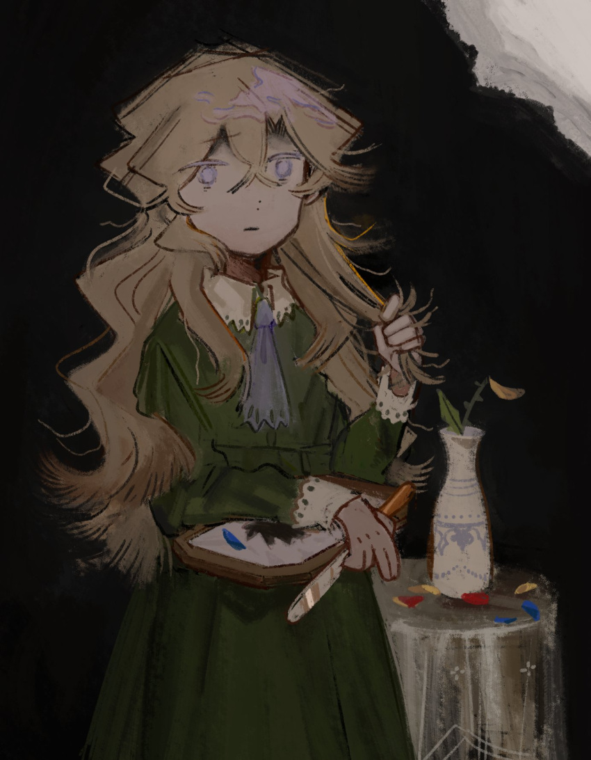 1girl, ascot, bananpam, black_background, blonde_hair, blue_ascot, blue_eyes, collared_dress