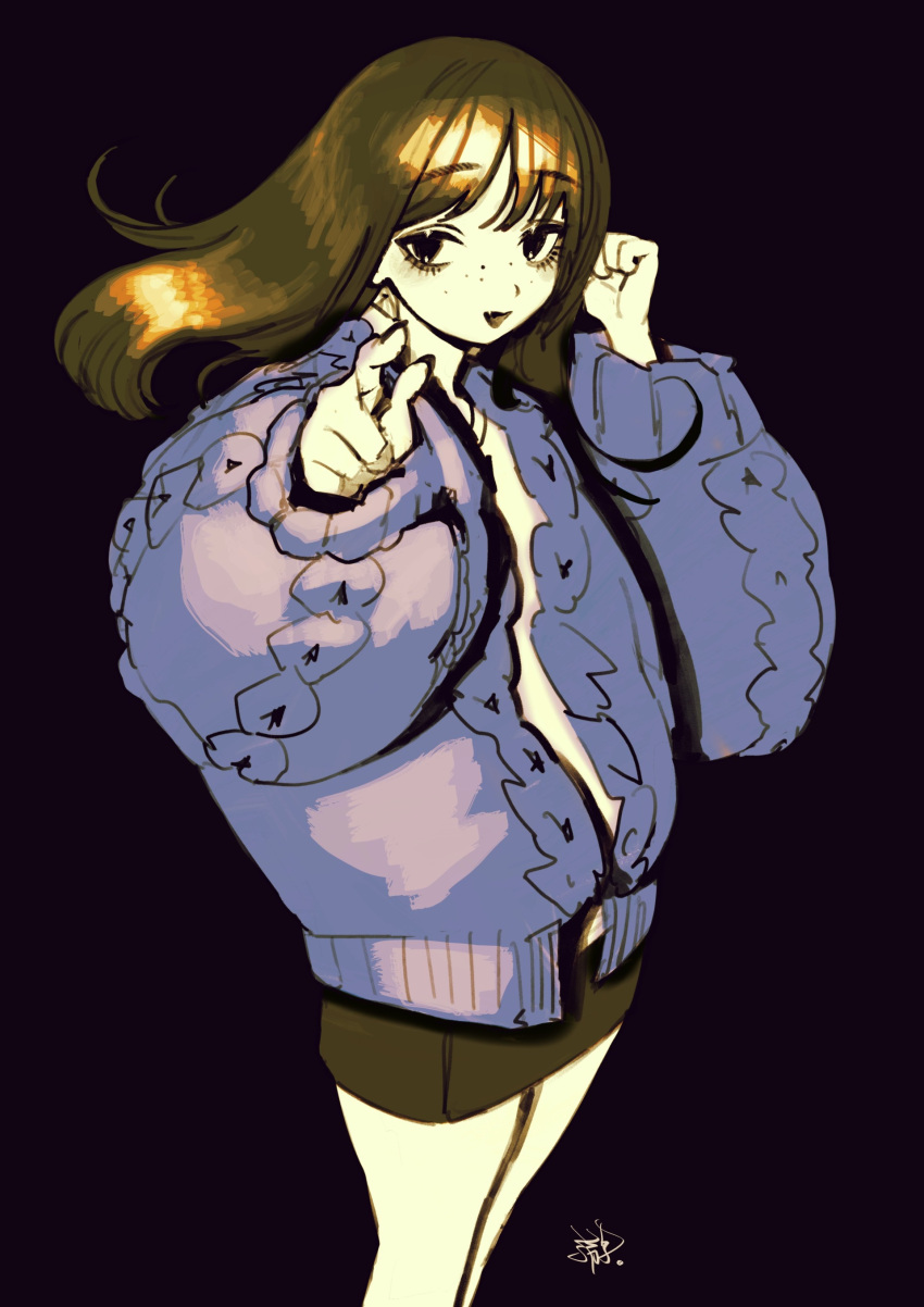 1girl, absurdres, black_background, brown_hair, cardigan, cowboy_shot, hands_up, highres