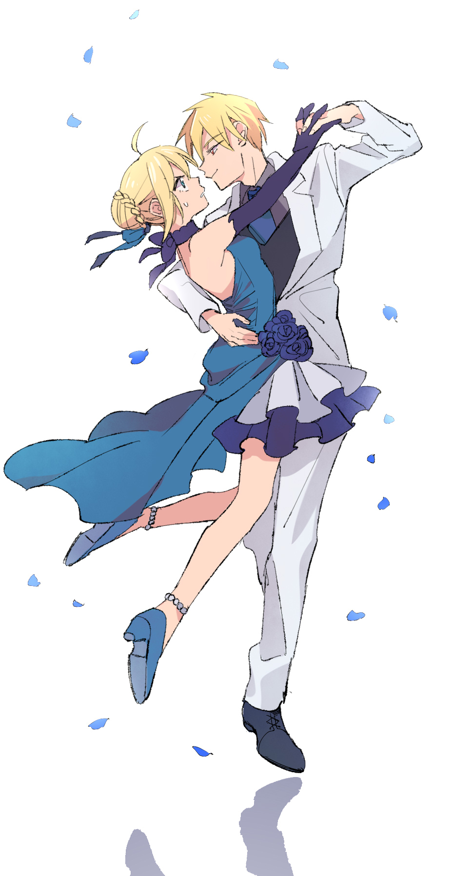 1boy, 1girl, ahoge, alternate_costume, anklet, artoria_pendragon_(fate), bead_anklet, beads