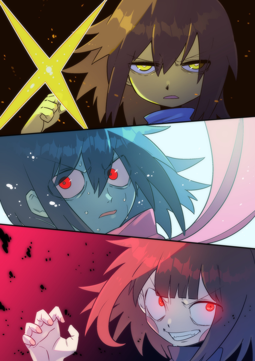 3others, absurdres, blue_hair, blue_skin, blue_sweater, blush_stickers, brown_hair, chara_(undertale), colored_skin, deltarune, frisk_(undertale), glowing, glowing_eyes, green_sweater, grin, hand_up, heart, highres, kounago_chirimen, kris_(dark_world)_(deltarune), kris_(deltarune), multiple_others, open_mouth, other_focus, pink_scarf, red_eyes, scarf, short_hair, smile, sweat, sweater, teeth, undertale, upper_body, yellow_eyes