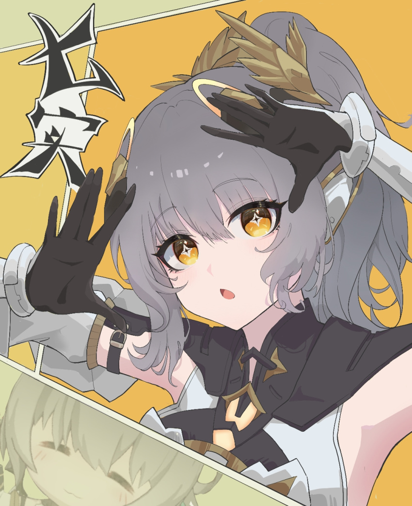 1girl, armpits, cross-shaped_pupils, elbow_gloves, gloves, grey_hair, highres, jewelry