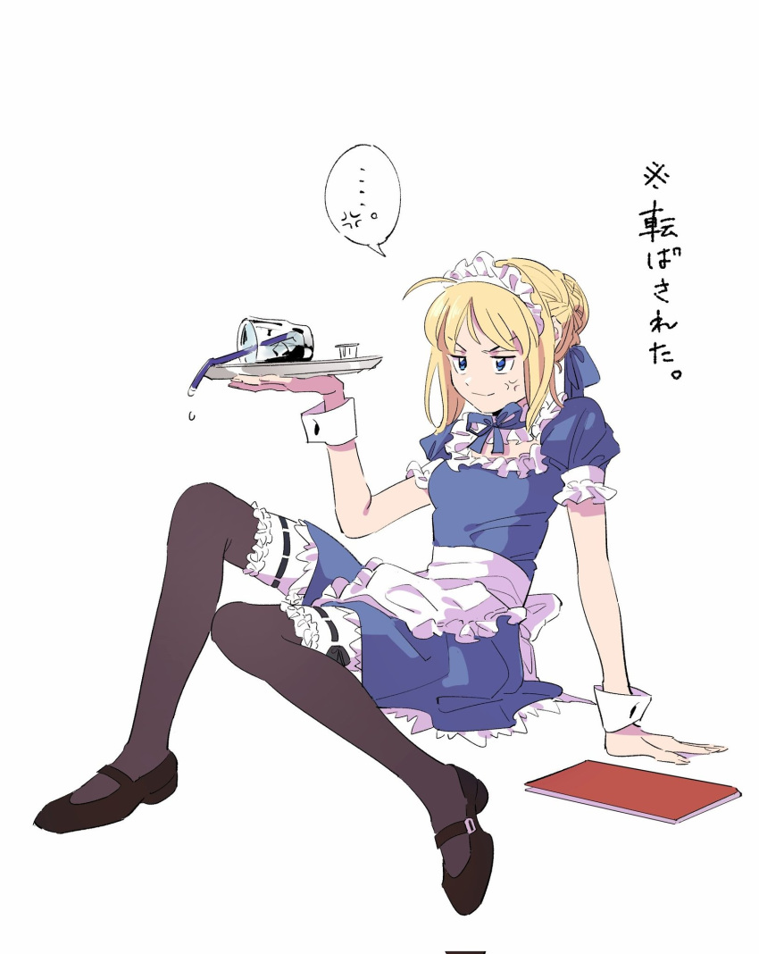 1girl, apron, artoria_pendragon_(fate), black_thighhighs, blonde_hair, blue_dress, blue_eyes, breasts