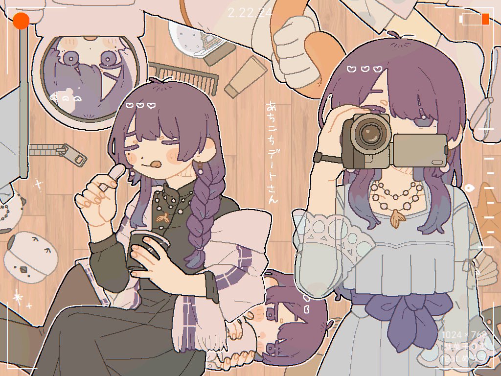 1girl, achikochi_date-san_(neutrino), astronaut, battery_indicator, bird, black_dress, blue_dress, blue_hair, braid, braided_ponytail, camcorder, camera, closed_mouth, collage, colored_tips, cup, dress, drinking, earrings, eating, hair_over_shoulder, heart, holding, holding_camera, holding_cup, jewelry, long_hair, long_sleeves, looking_at_viewer, lotion_bottle, merrow_(neutrino), mug, multicolored_hair, multiple_views, necklace, neutrino_(software), open_mouth, outline, pearl_earrings, purple_hair, recording, sakusaku_(sakusaku_9090), shawl, sitting, smile, snow_globe, song_name, spacesuit, tongue, tongue_out, video_camera, viewfinder, violet_eyes, white_outline, white_shawl, wooden_floor, zipper