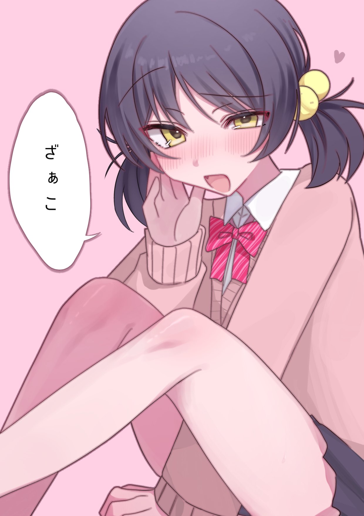 1girl, black_hair, blush, bow, bowtie, cardigan, hair_bobbles, hair_ornament