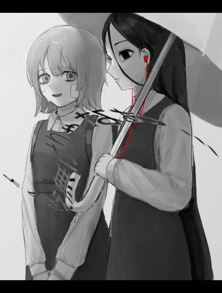 2girls, alt_text, closed_mouth, collared_shirt, commentary_request, distortion, dress, earphones