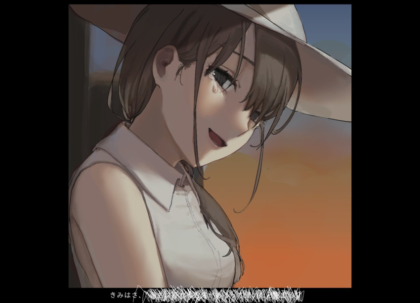 1girl, black_border, black_eyes, blue_background, border, breasts, brown_hair, censored