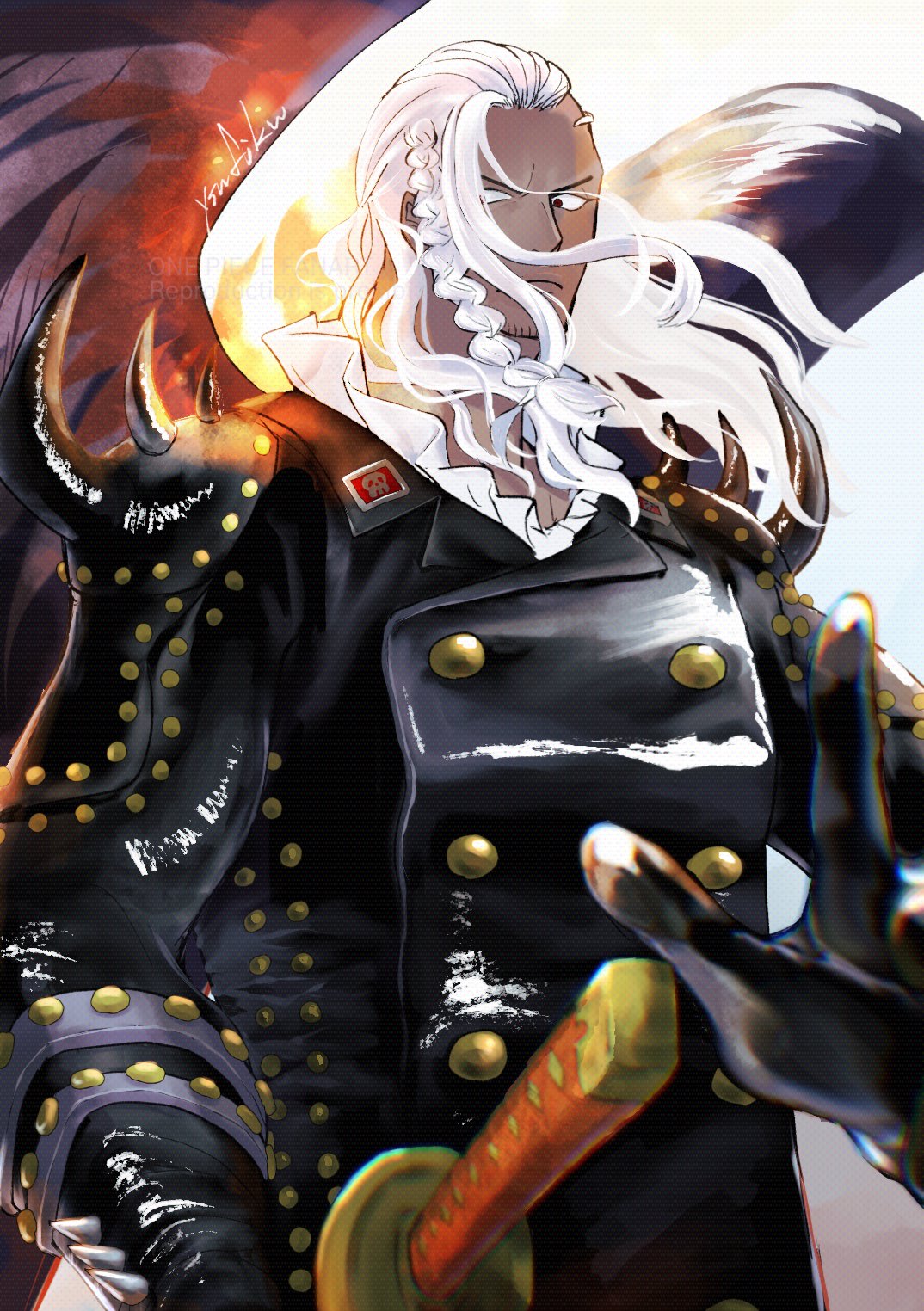 1boy, black_jacket, black_wings, braid, closed_mouth, commentary, cowboy_shot, dark-skinned_male