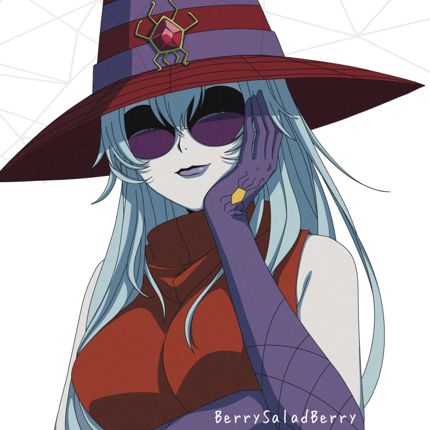 1girl, archnemon, bare_shoulders, breasts, digimon, digimon_adventure_02, dress, elbow_gloves, gloves, grey_hair, hat, highres, large_breasts, purple_lips, red_dress, red_hat, saradaberi, simple_background, sleeveless, sleeveless_dress, solo, sunglasses, upper_body, white_background