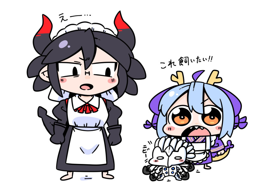 1other, 2girls, ahoge, black_dress, black_hair, blue_hair, buraninn, chibi