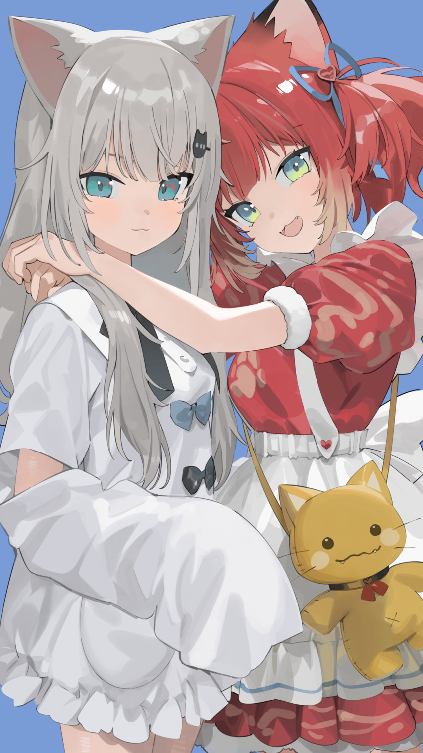 2girls, :3, akami_karubi, animal_bag, animal_ears, apron, arm_cutout, back_bow