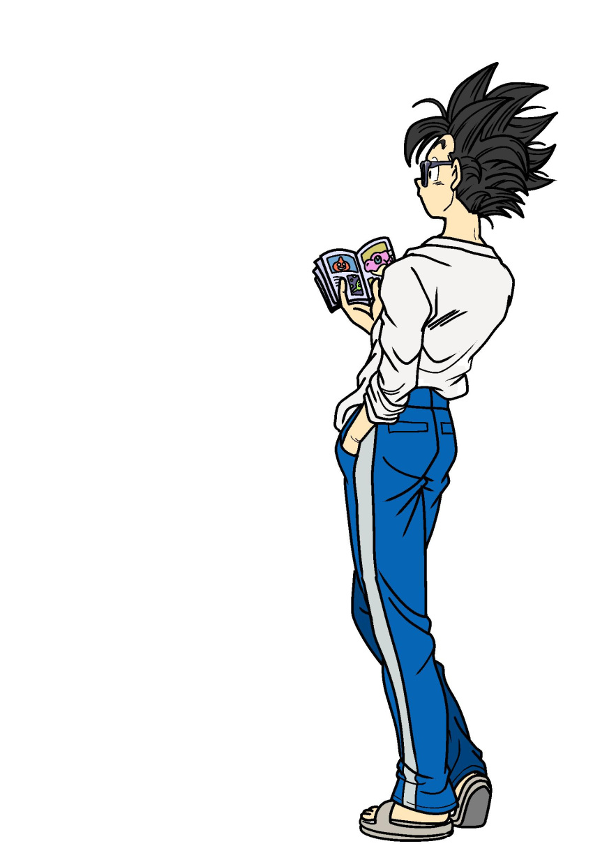 1boy, black_hair, blue_pants, book, bubble_slime, dragon_ball, dragon_ball_super, dragon_ball_super_super_hero