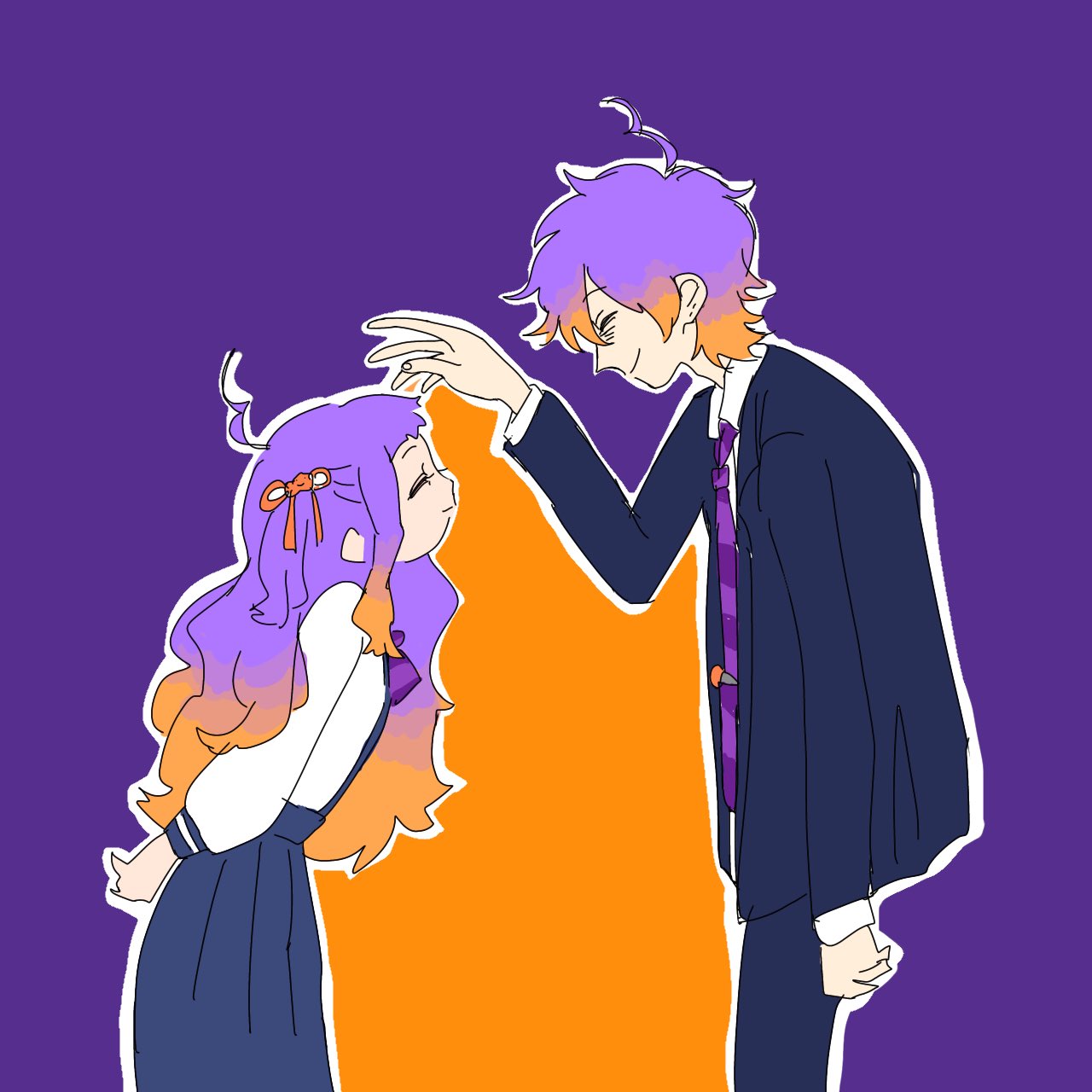 1boy, 1girl, ahoge, arms_behind_back, bad_id, bad_twitter_id, black_jacket, black_pants