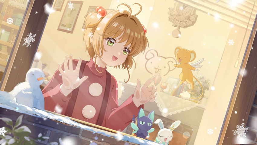 :d, against_glass, alternate_costume, antenna_hair, cardcaptor_sakura, cardcaptor_sakura:_memory_key, child, creature