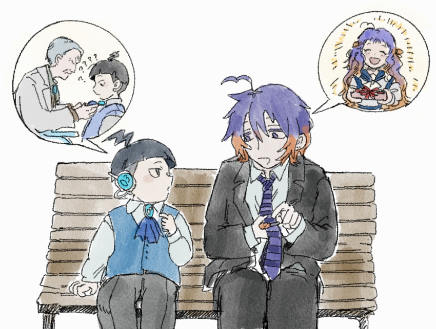 1girl, 3boys, ahoge, android, ascot, bench, black_eyes, black_hair
