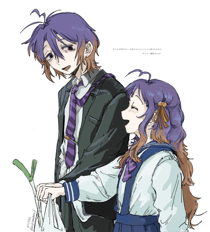 1boy, 1girl, ahoge, bag, bags_under_eyes, black_pants, black_suit, blue_sailor_collar