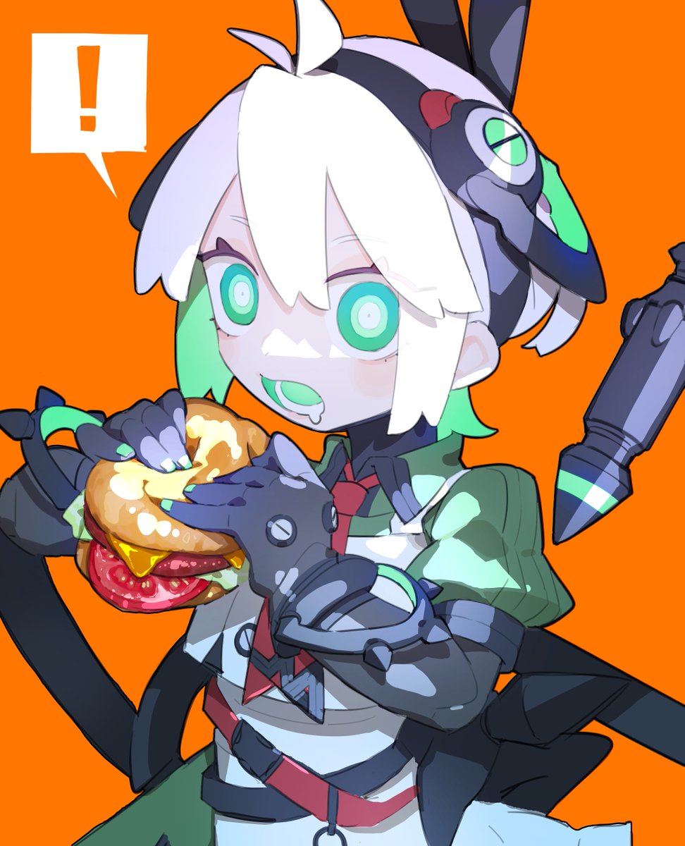 !, 1girl, burger, cheri_zao, food, green_eyes, highres, holding