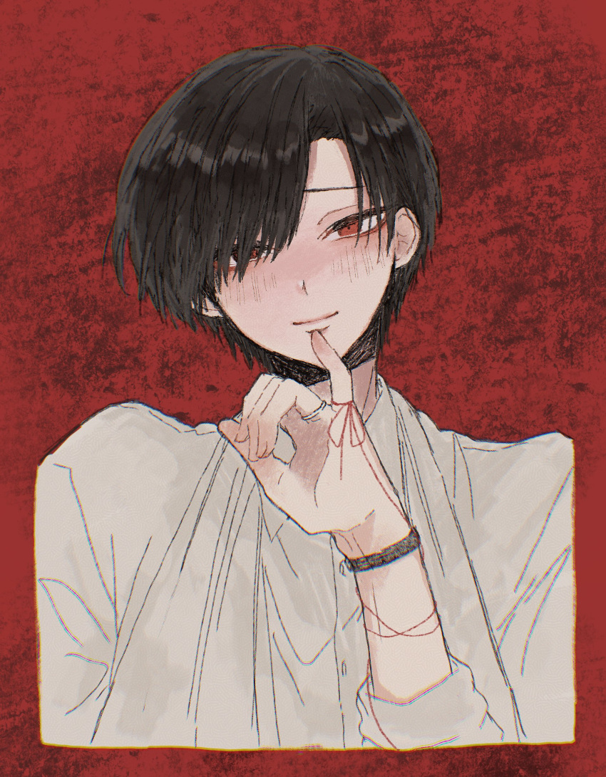 1boy, absurdres, ariake_(ooe), arm_sling, away_4423, black_hair, blush, brown_background