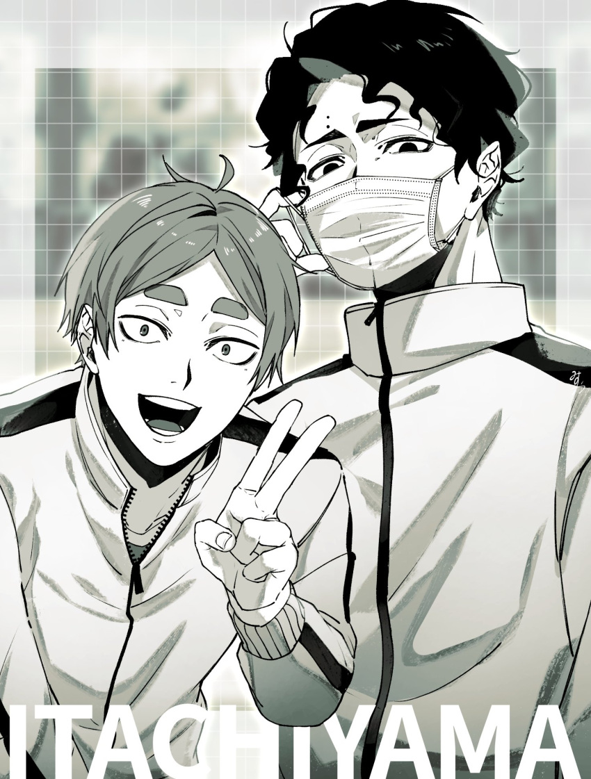 2boys, adjusting_mask, arm_up, collared_jacket, commentary_request, covered_mouth, greyscale, grid_background