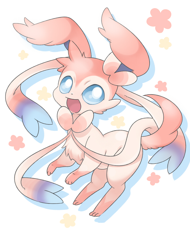 animal_focus, blue_eyes, bow, commentary_request, flower, no_humans, open_mouth, pokemon