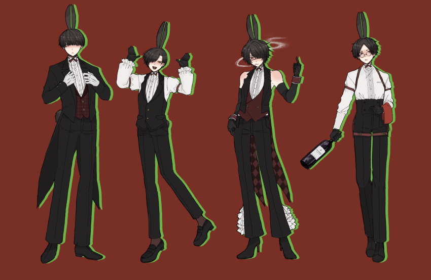 4boys, alternate_costume, animal_ears, aomi_(ooe), ariake_(ooe), away_4423, black_gloves, black_pants