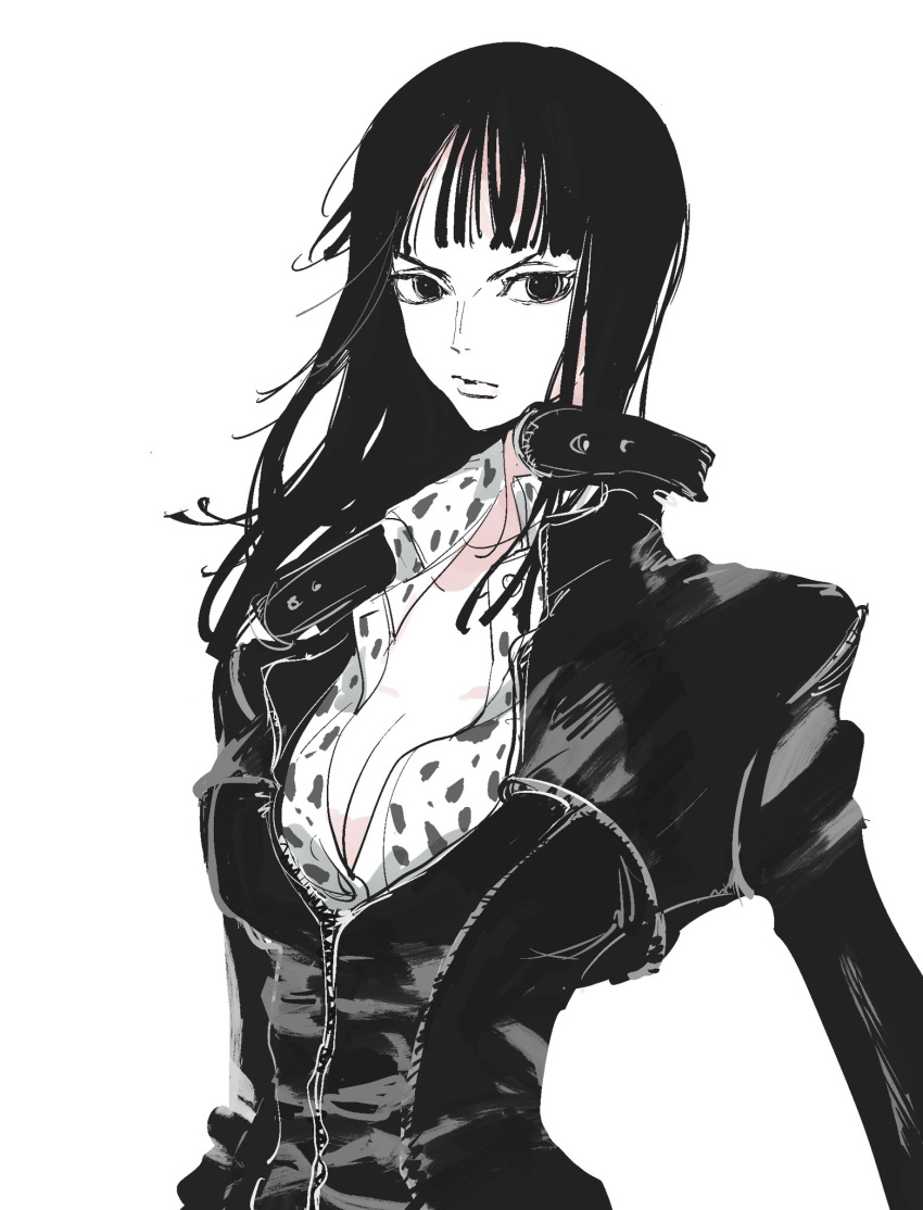 1girl, black_dress, black_eyes, black_hair, blunt_bangs, closed_mouth, collared_shirt, dress