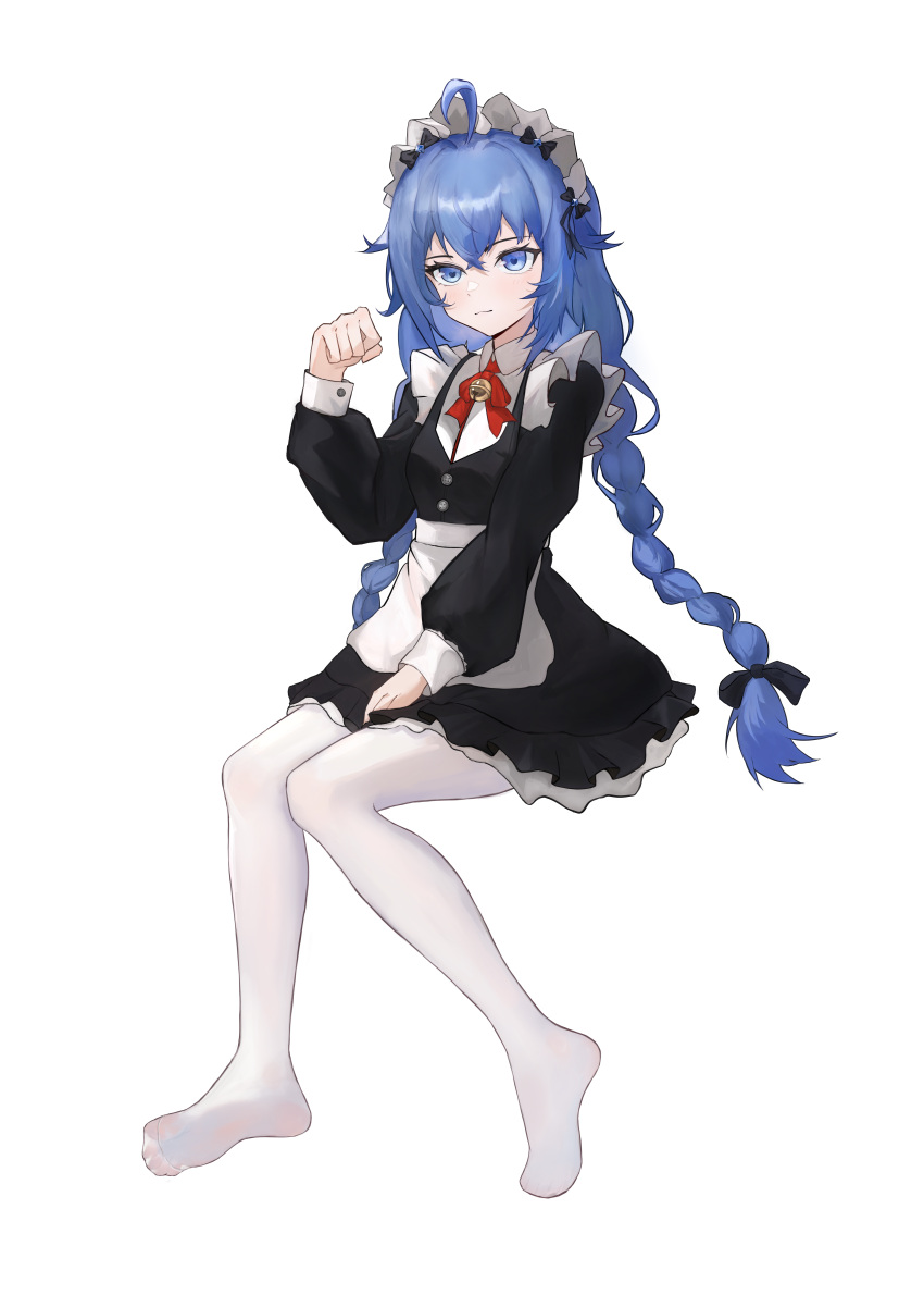 1girl, :3, absurdres, ahoge, apron, art_study, bell, black_dress, black_ribbon, braid, breasts, closed_mouth, dress, full_body, hair_ribbon, heart, heart-shaped_pupils, highres, jingle_bell, light_smile, long_hair, looking_at_viewer, maid, maid_apron, maid_headdress, medium_breasts, mushoku_tensei, pantyhose, paw_pose, ribbon, roxy_migurdia, simple_background, sitting, soles, solo, symbol-shaped_pupils, toes, twin_braids, user_dxea3778, very_long_hair, white_apron, white_background, white_headdress, white_pantyhose
