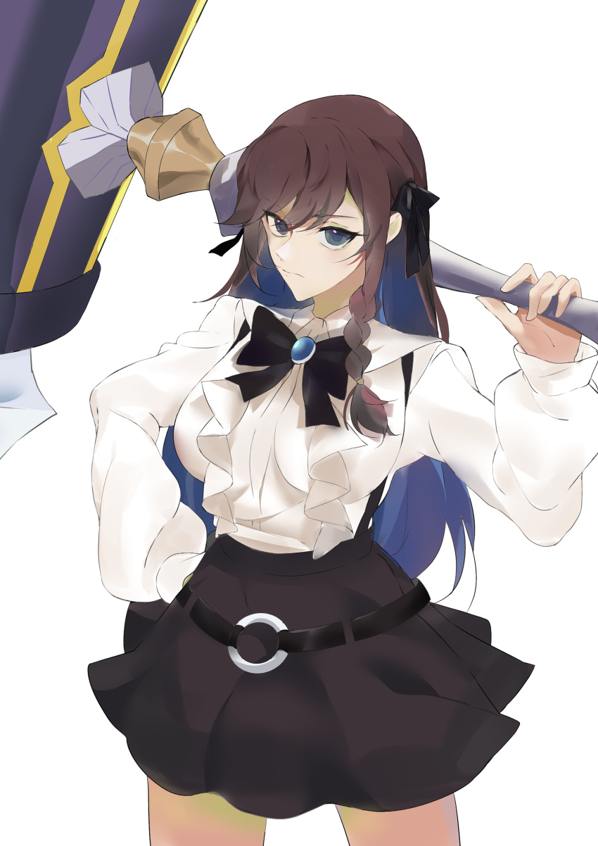 1girl, 9bit, absurdres, alina_clover, belt, black_bow, black_bowtie, black_ribbon