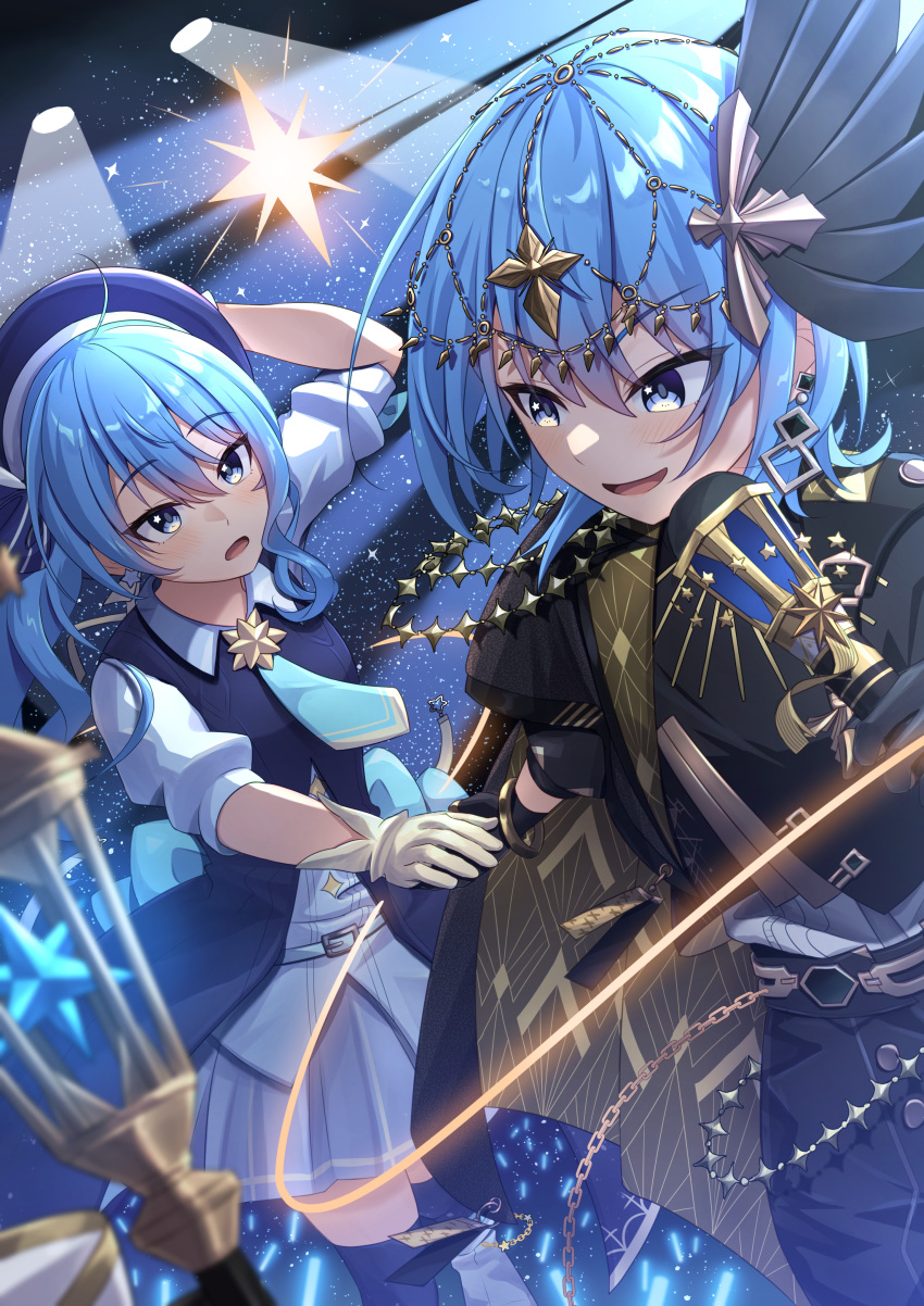 absurdres, beret, black_gloves, blue_eyes, blue_hair, dual_persona, earrings, gloves