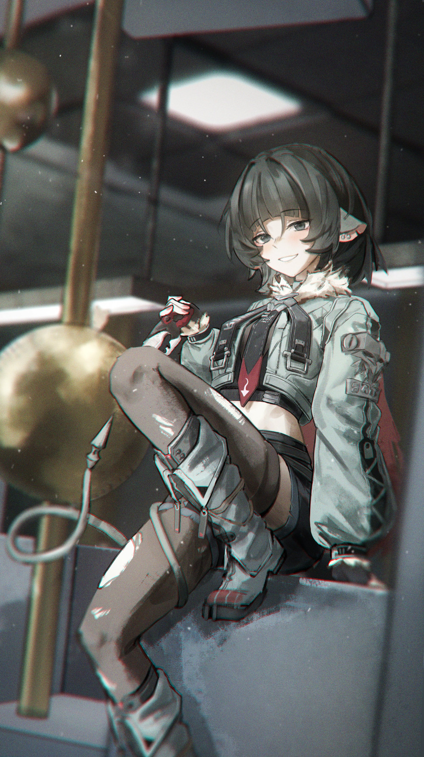 1girl, absurdres, black_gloves, black_necktie, black_shirt, black_shorts, black_thighhighs, blunt_bangs