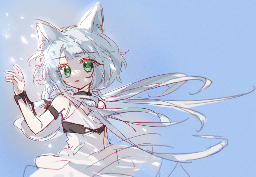 1029517702, 1girl, animal_ears, arknights, armlet, black_choker, blue_background, cat_ears